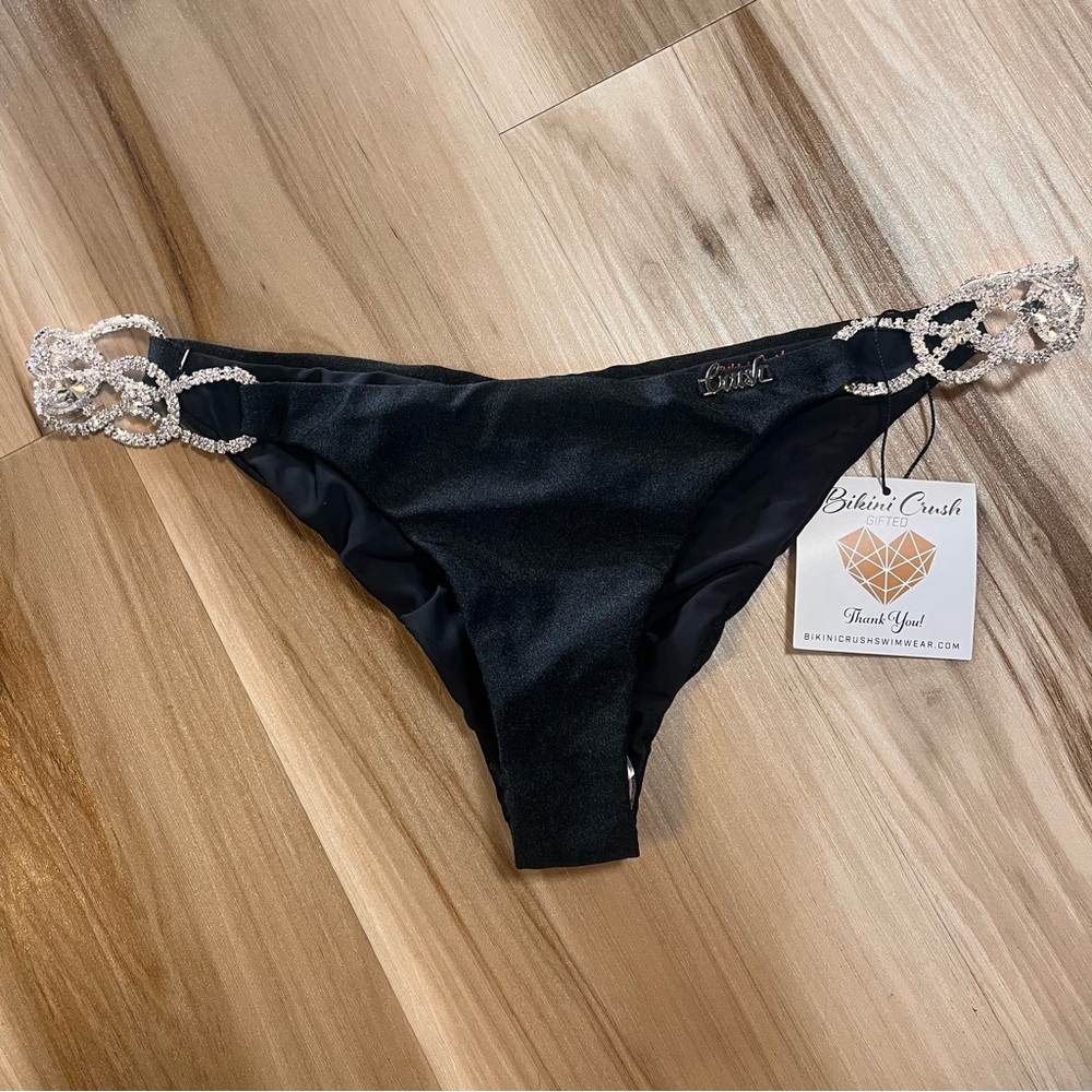 NEW Bikini Crush Swimwear Swim Bottom Black Rhinestone Medium M Low Rise Cheeky